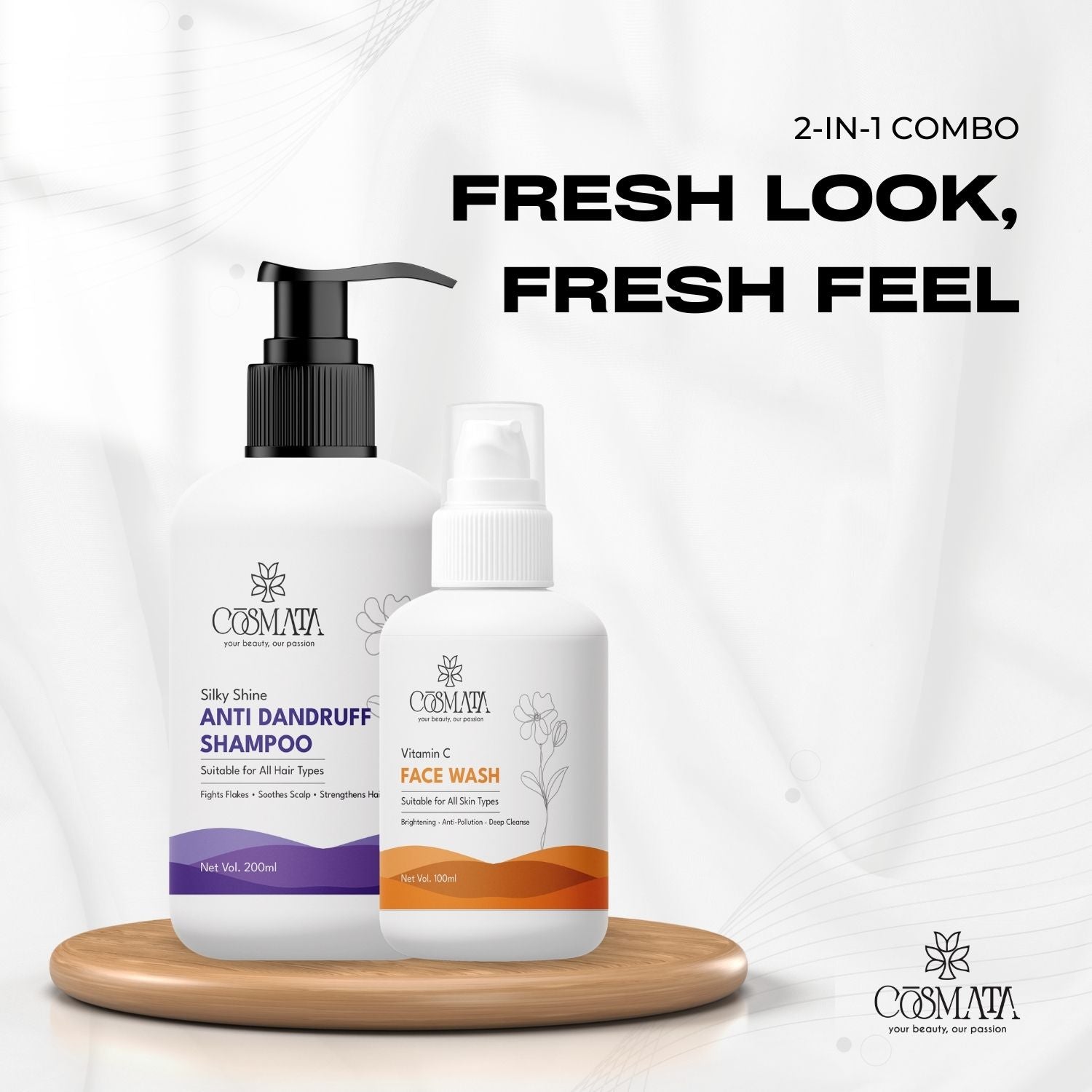 Cosmata Silky Shine Anti-Dandruff Shampoo + Vitamin C Facewash Combo | Dandruff-Free Hair & Bright Skin Pack