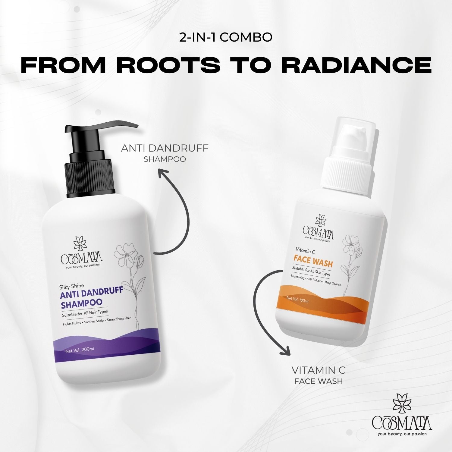 Cosmata Silky Shine Anti-Dandruff Shampoo + Vitamin C Facewash Combo | Dandruff-Free Hair & Bright Skin Pack
