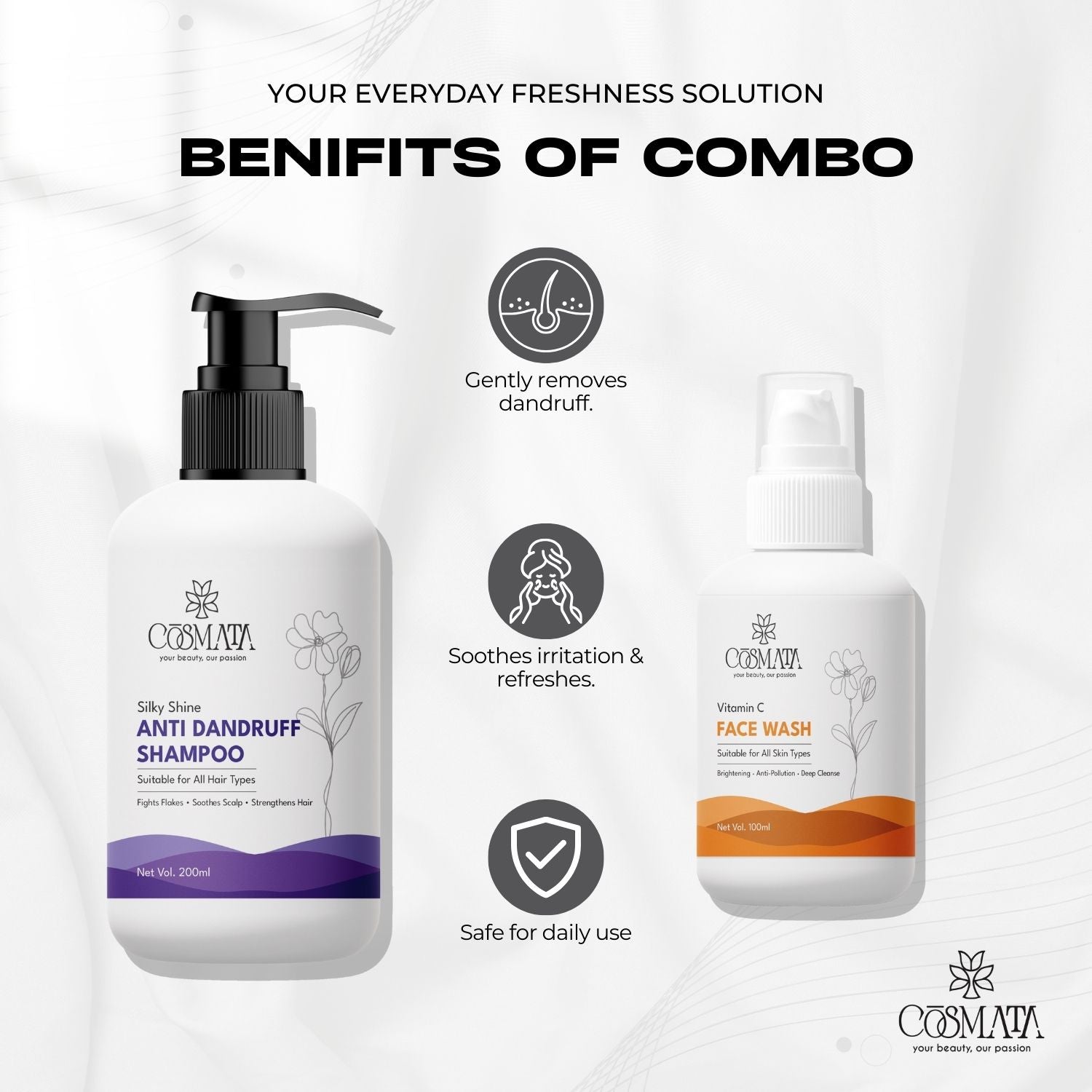 Cosmata Silky Shine Anti-Dandruff Shampoo + Vitamin C Facewash Combo | Dandruff-Free Hair & Bright Skin Pack