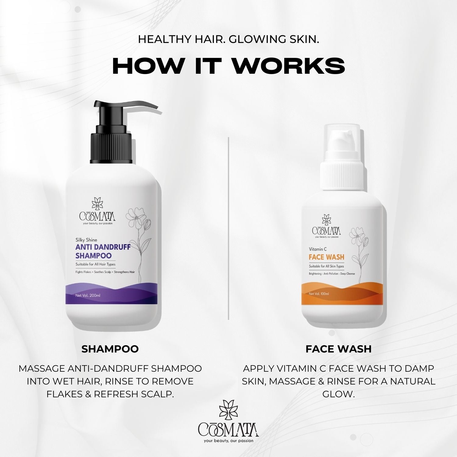 Cosmata Silky Shine Anti-Dandruff Shampoo + Vitamin C Facewash Combo | Dandruff-Free Hair & Bright Skin Pack
