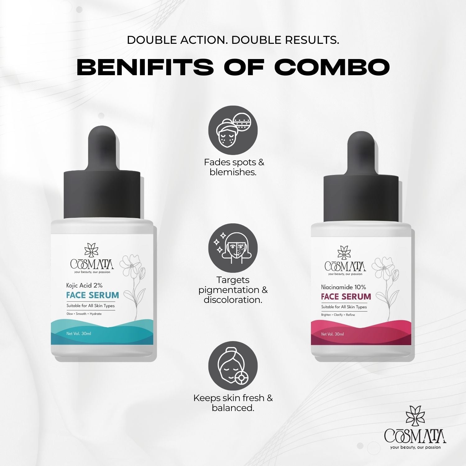 Cosmata Kojic Acid 2% Serum + Niacinamide 10% Serum Combo | Dark Spot & Acne Marks Removal Pack