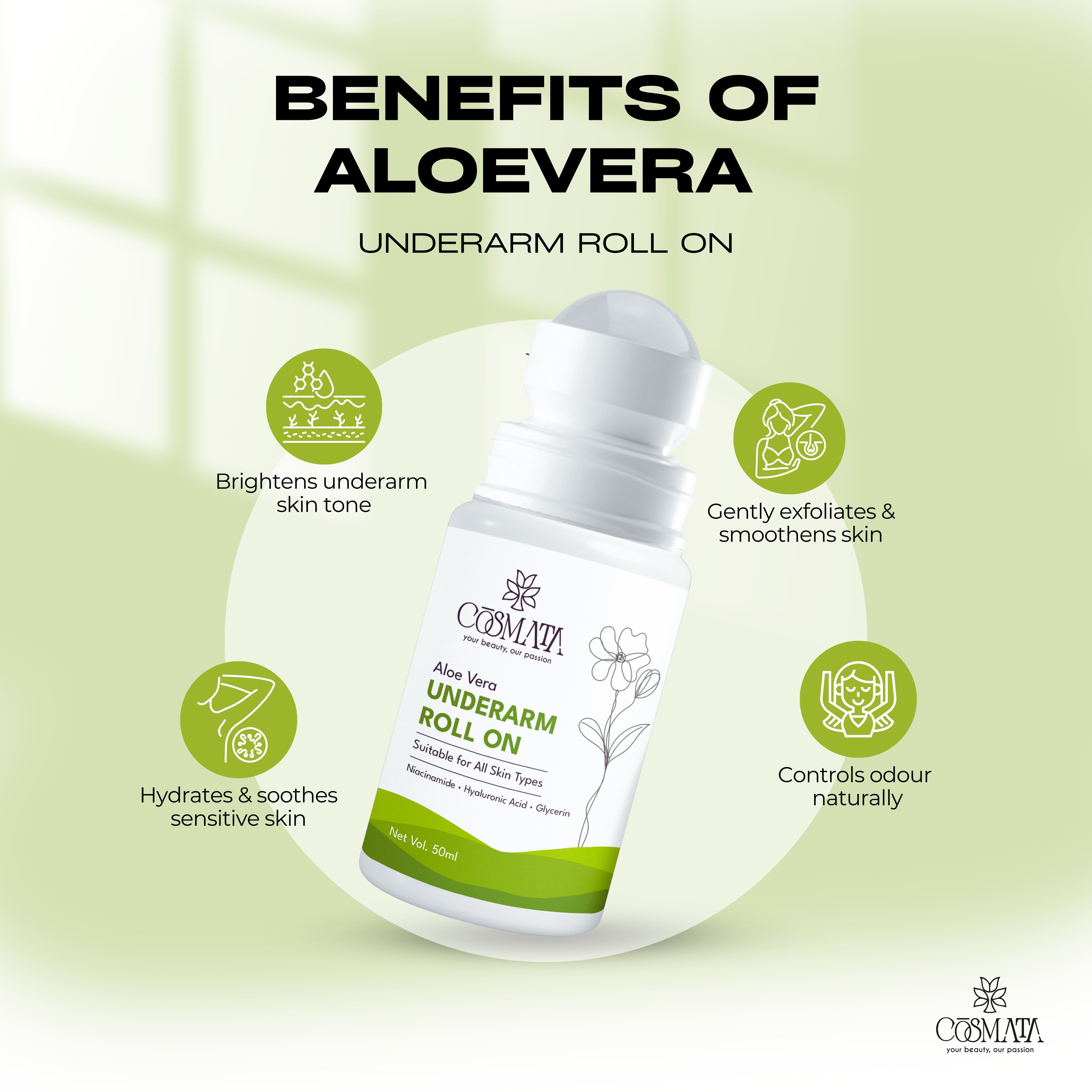 Cosmata Aloe Vera Roll-on 50ml – Underarm Brightening & Long-Lasting Freshness
