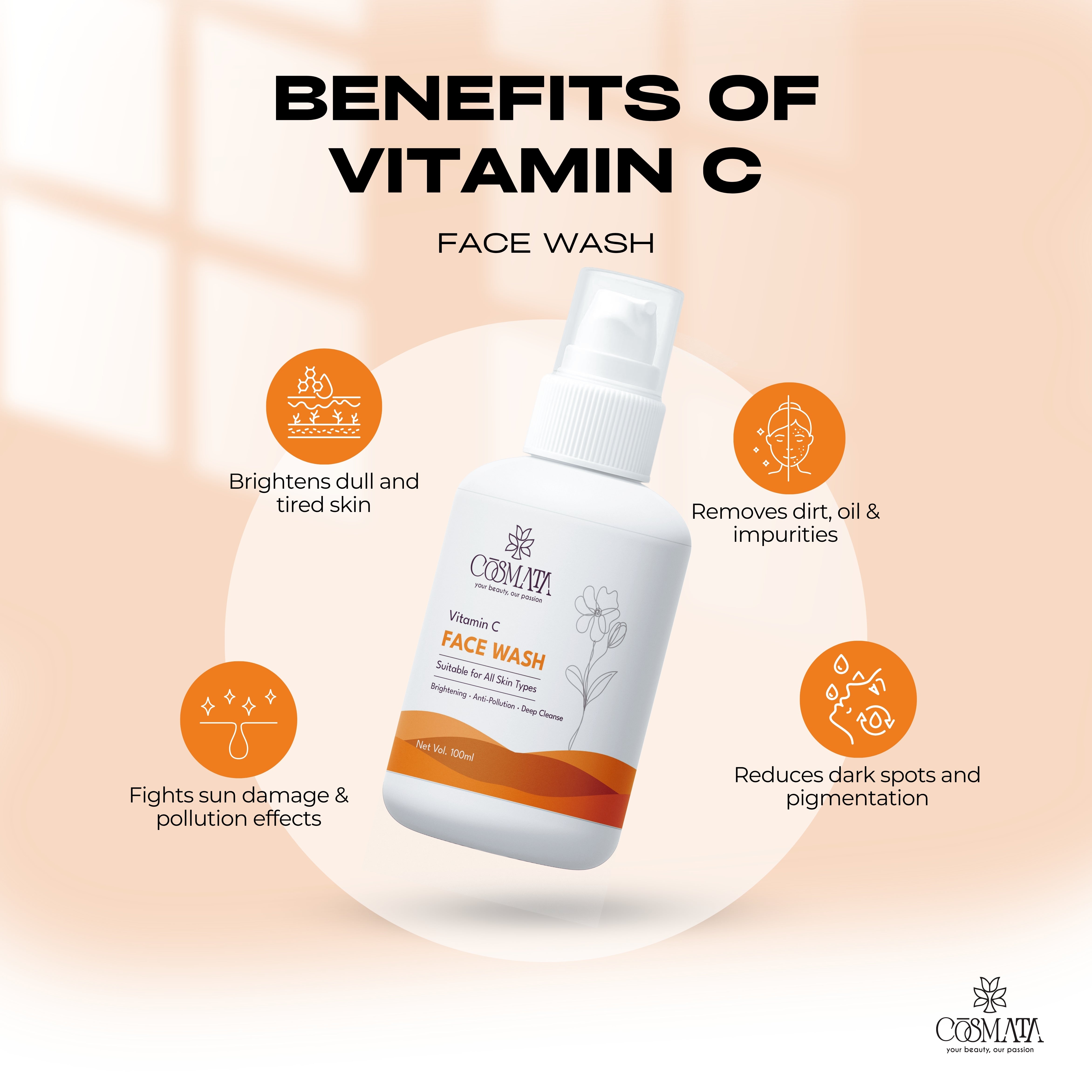 Cosmata Vitamin C Face Wash 100ml – Brightening & Anti-Pollution Cleanser