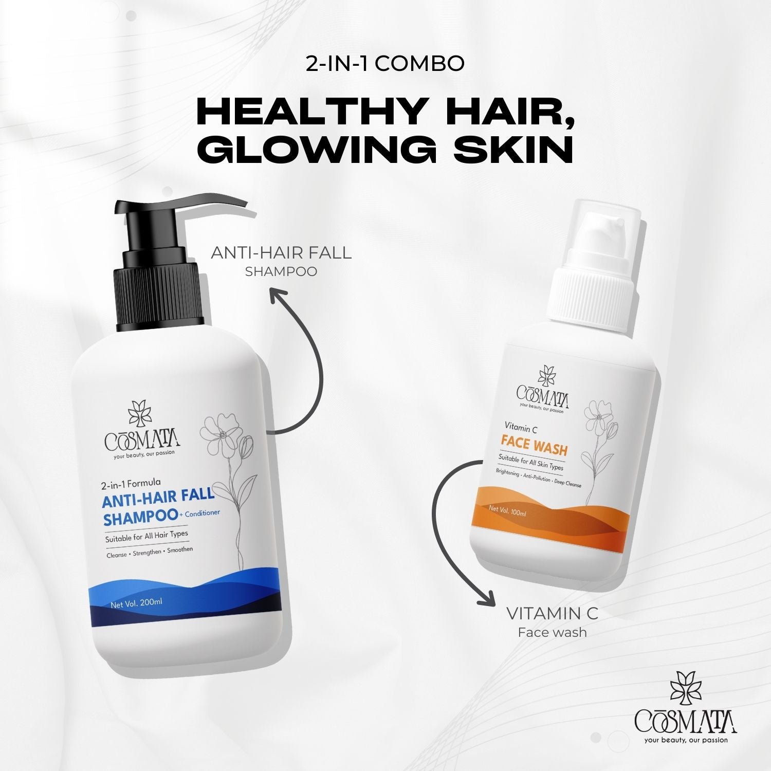Cosmata 2-in-1 Anti Hair Fall Shampoo + Conditioner with Vitamin C Facewash Combo | Hair Strength + Skin Brightening