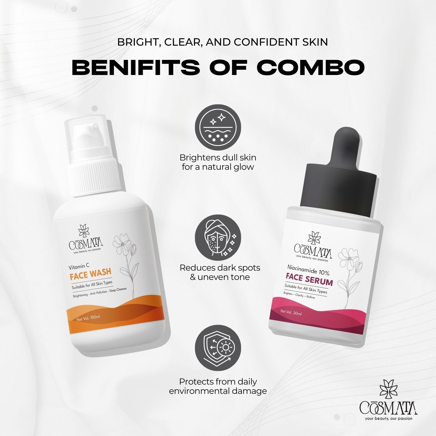 Cosmata Vitamin C Facewash + Niacinamide 10% Serum Combo | Brightening & Acne Marks Care Pack