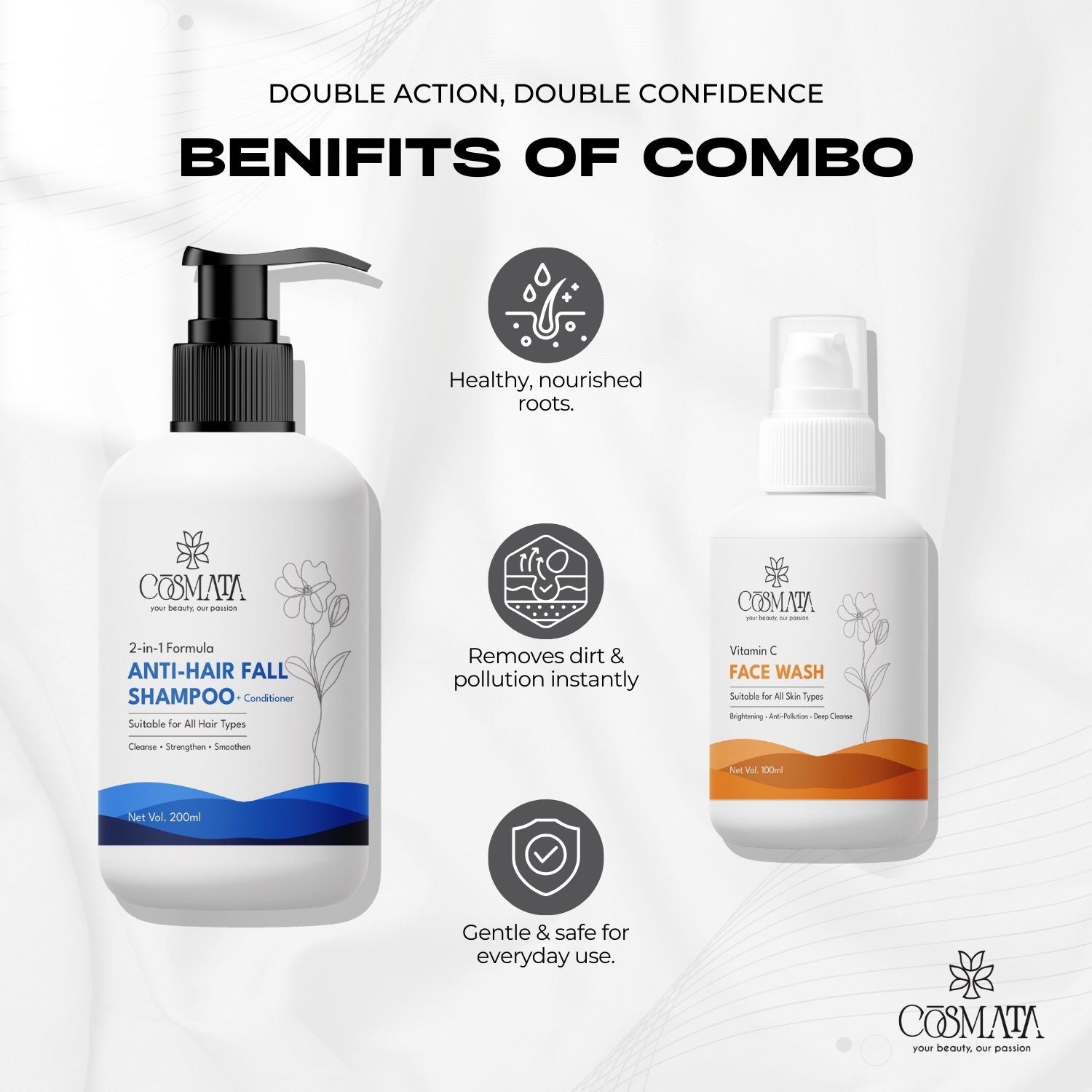 Cosmata 2-in-1 Anti Hair Fall Shampoo + Conditioner with Vitamin C Facewash Combo | Hair Strength + Skin Brightening