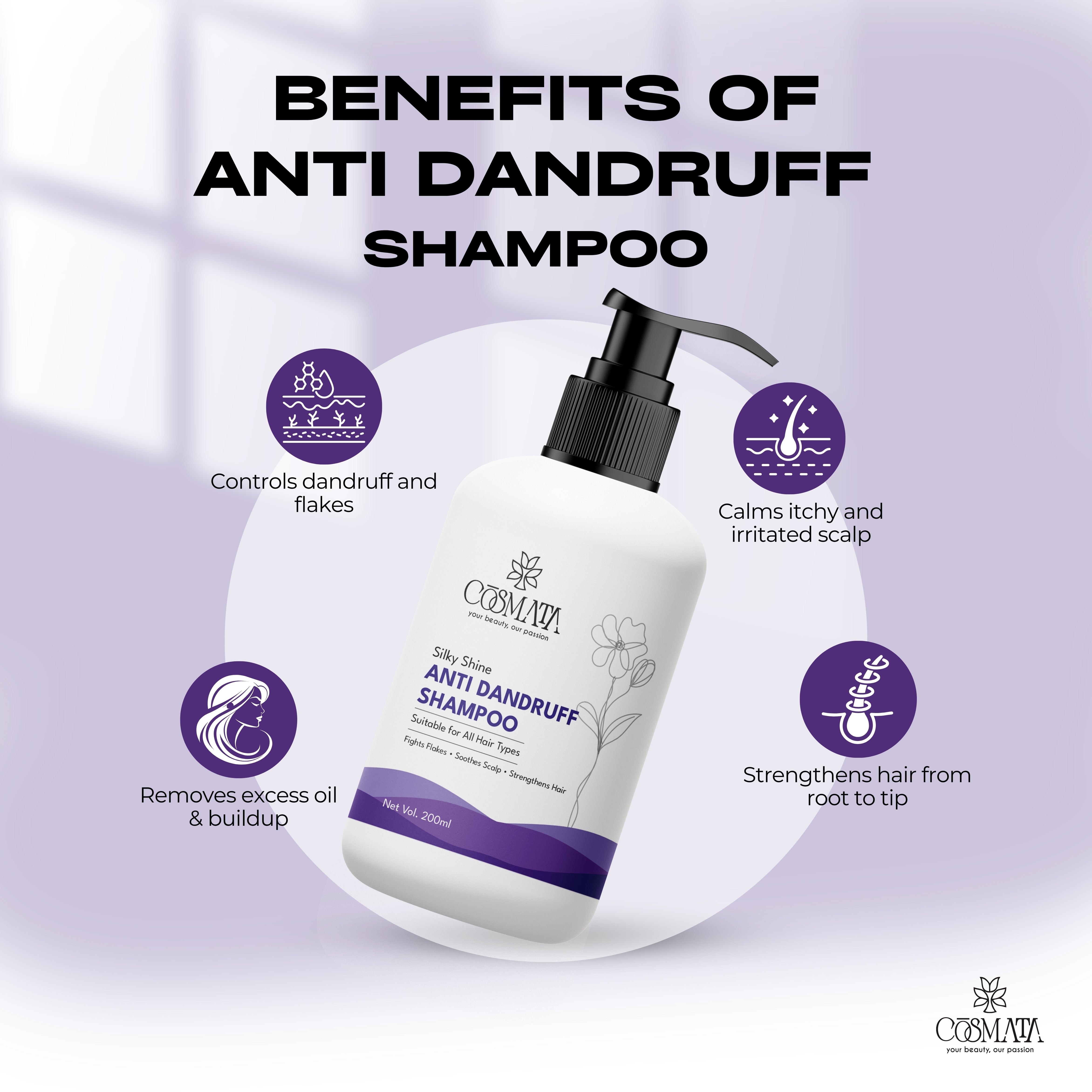 Cosmata Anti-Dandruff Shampoo 200ml – Flake-Free, Itch Relief & Scalp Care