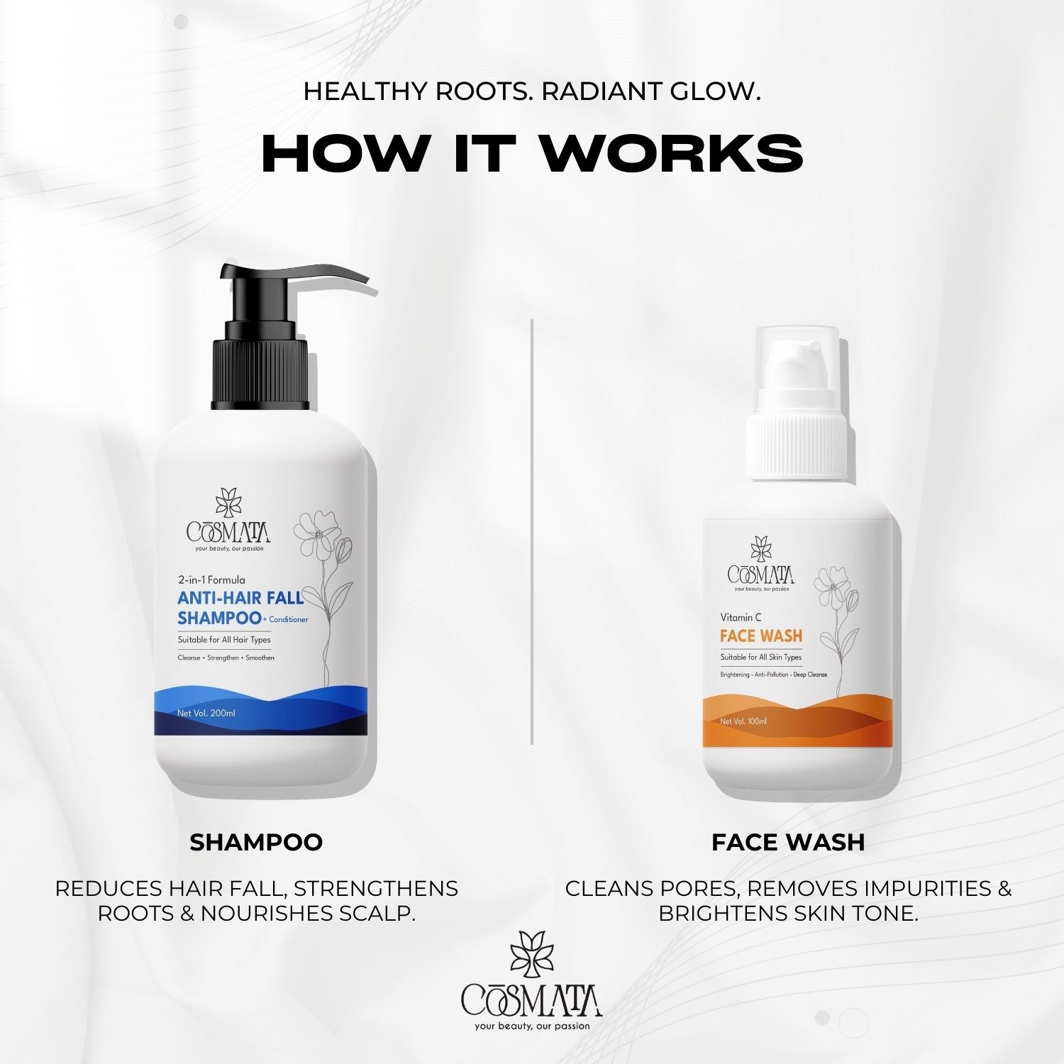 Cosmata 2-in-1 Anti Hair Fall Shampoo + Conditioner with Vitamin C Facewash Combo | Hair Strength + Skin Brightening