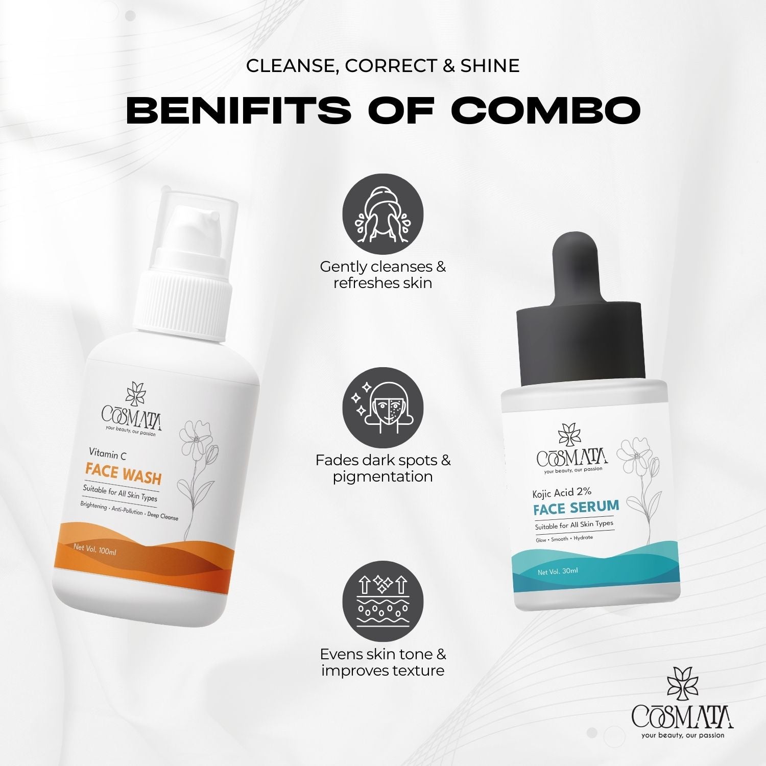Cosmata Vitamin C Facewash + Kojic Acid 2% Serum Combo | Brightening & Pigmentation Care Pack