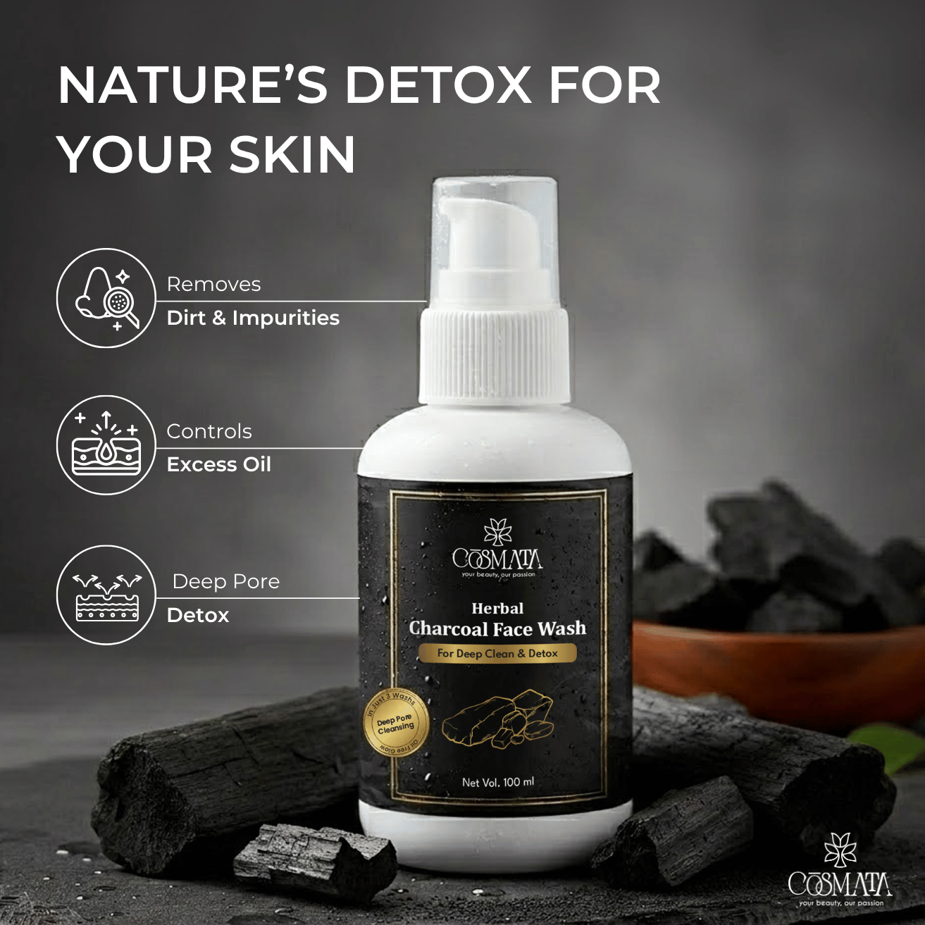 Cosmata Herbal Charcoal Face Wash (100 ml) 2